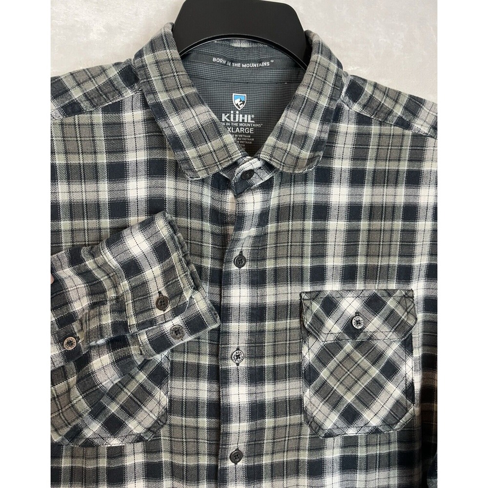 KUHL Shirt Men XL Plaid Black Flannel Dillingr Chest Flap Pocket Long Sleeve